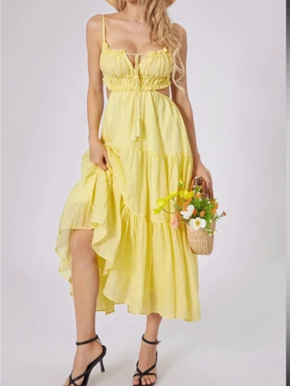 Yellow Spaghetti-Strap Tiered Maxi Dress
